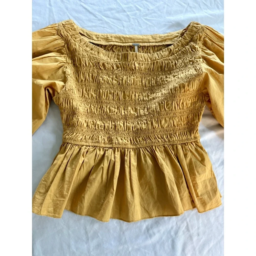 Free People Whoa Ruffle Top blouse mustard yellow XS 100% Cotton Boho Romantic